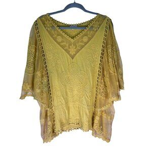 Anthropologie Kindred Lace Peaasant Top With Crochet Details & Sheer Sleeves